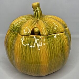 Bordallo Pinheiro Halloween Pumpkin Tureen w/Ladle Fall Decoration Portugal 10"